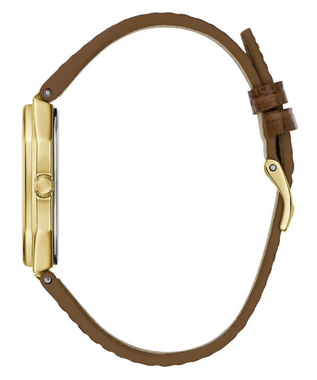 A side profile view of a watch with a gold-tone case and a brown leather strap, isolated on a white background.