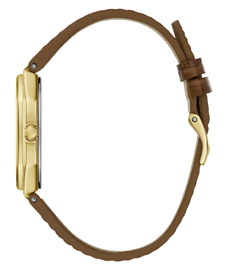 A side profile view of a watch with a gold-tone case and a brown leather strap, isolated on a white background.