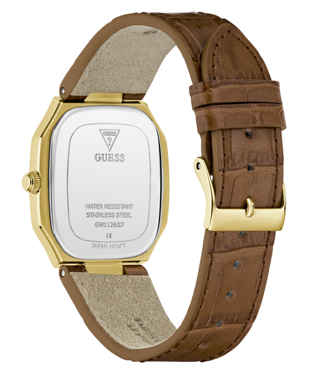 The back of a Guess wristwatch with a gold-tone case and a brown textured leather strap, shown on a clean white background.