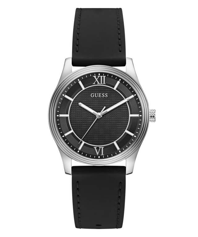 A GUESS men's analog watch with a black textured dial, silver-tone stainless steel case, and a black leather strap, shown against a plain white background.