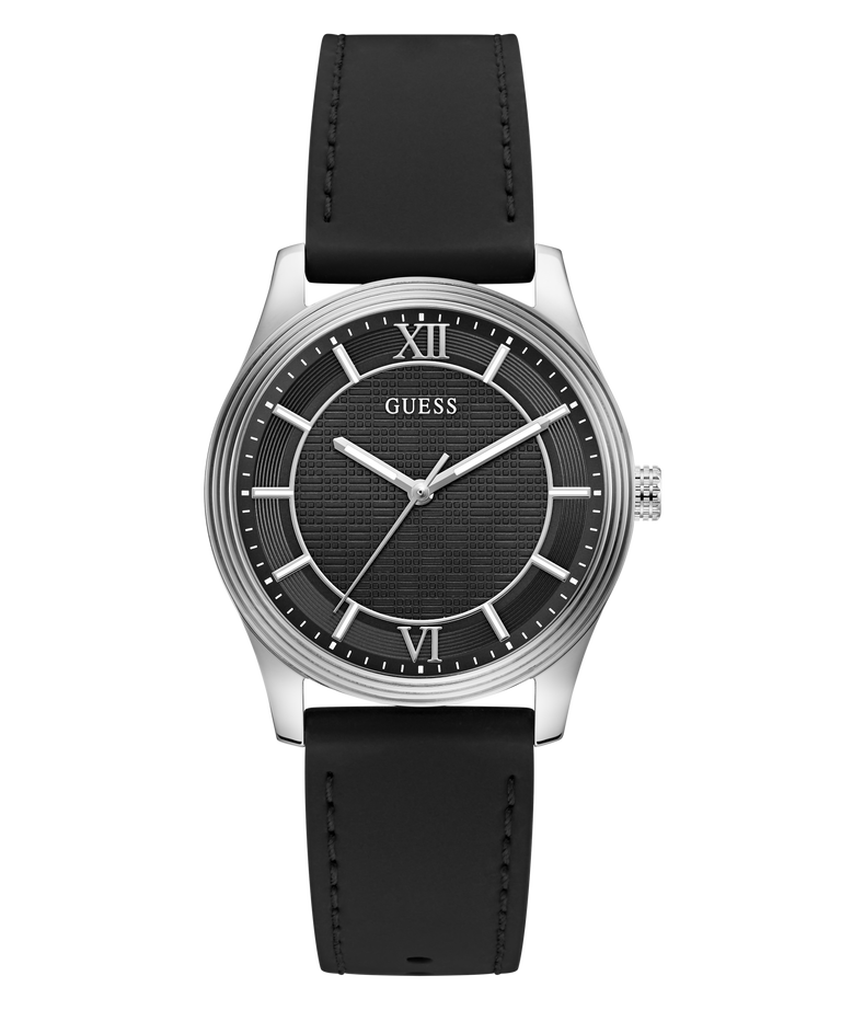 A GUESS men's analog watch with a black textured dial, silver-tone stainless steel case, and a black leather strap, shown against a plain white background.