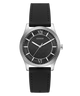 A GUESS men's analog watch with a black textured dial, silver-tone stainless steel case, and a black leather strap, shown against a plain white background.