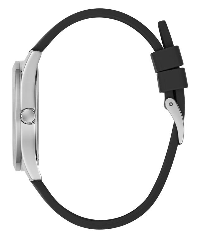 A side profile view of a smartwatch with a silver-tone metal case and a black silicone strap, set against a solid white background.