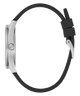 A side profile view of a smartwatch with a silver-tone metal case and a black silicone strap, set against a solid white background.