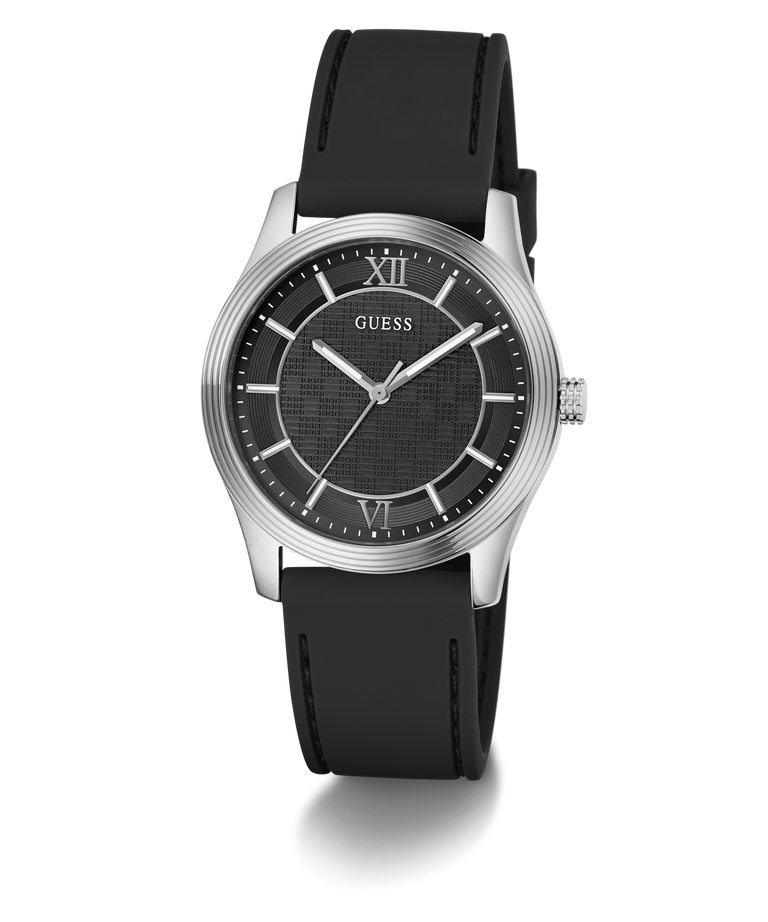 A GUESS men's analog watch featuring a black textured dial, silver-tone stainless steel case, and a black rubber strap, shown against a plain white background.