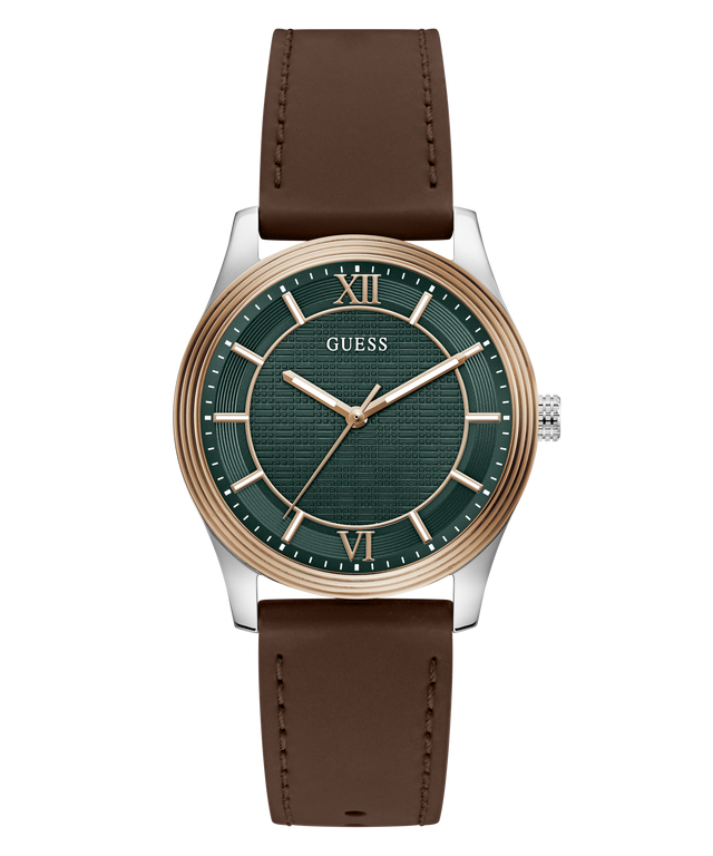 A GUESS men's analog watch featuring a dark green textured dial with gold-tone Roman numerals and hands, a silver-tone case, and a brown leather strap, shown against a plain white background.