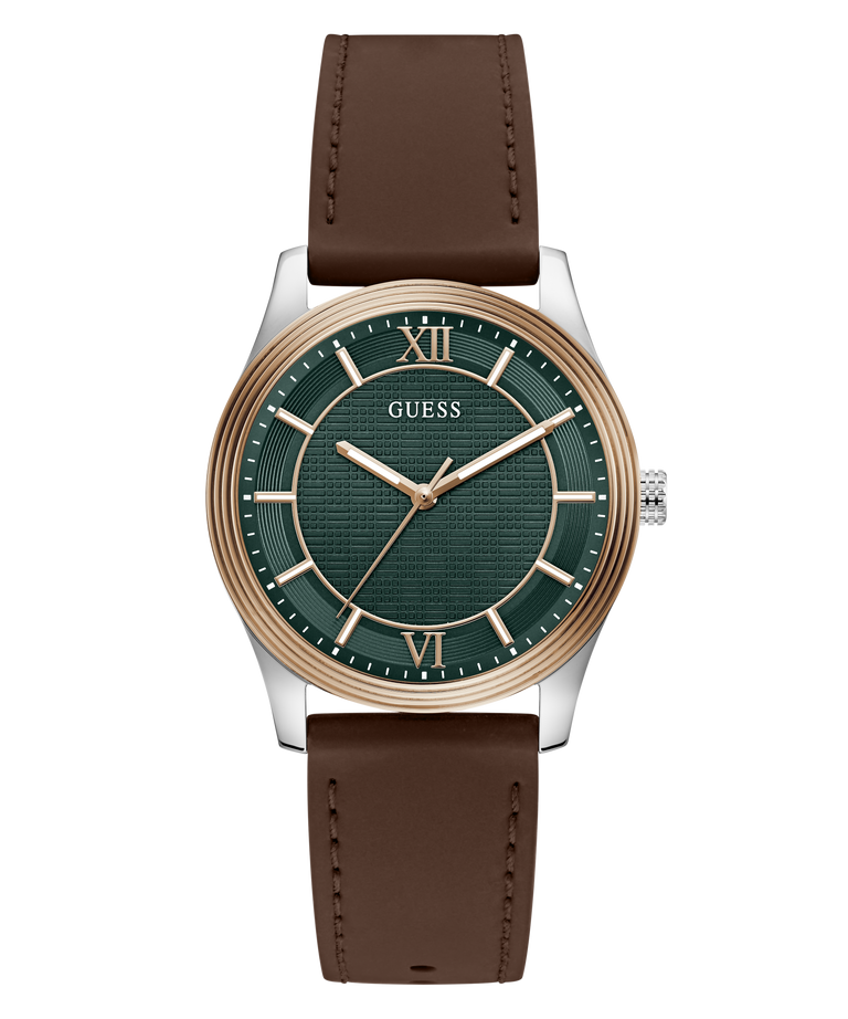 A GUESS men's analog watch featuring a dark green textured dial with gold-tone Roman numerals and hands, a silver-tone case, and a brown leather strap, shown against a plain white background.