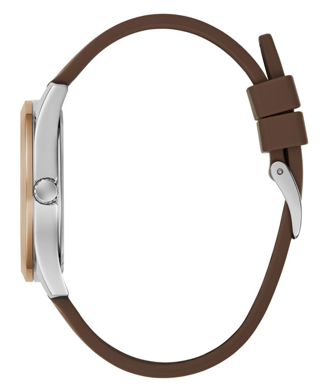Side profile of a watch with a brown silicone strap, silver-tone case, and a light wood-toned dial on a white background.
