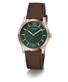 A GUESS men's watch featuring a dark green textured dial, a rose gold-tone case, and a brown leather strap, shown on a clean white background.
