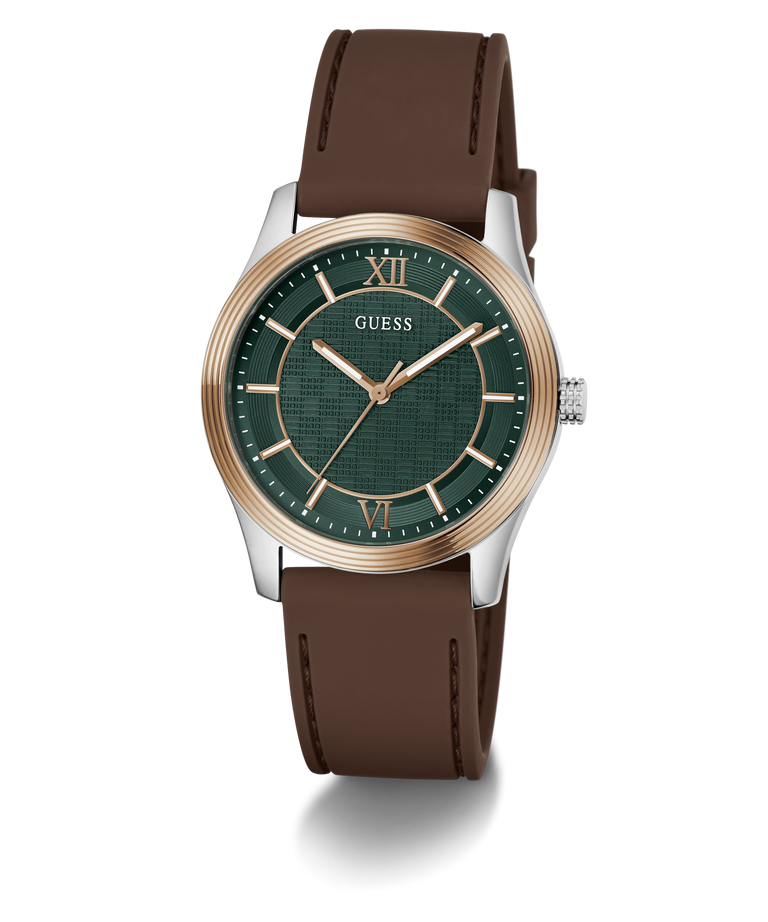 A GUESS men's watch featuring a dark green textured dial, a rose gold-tone case, and a brown leather strap, shown on a clean white background.