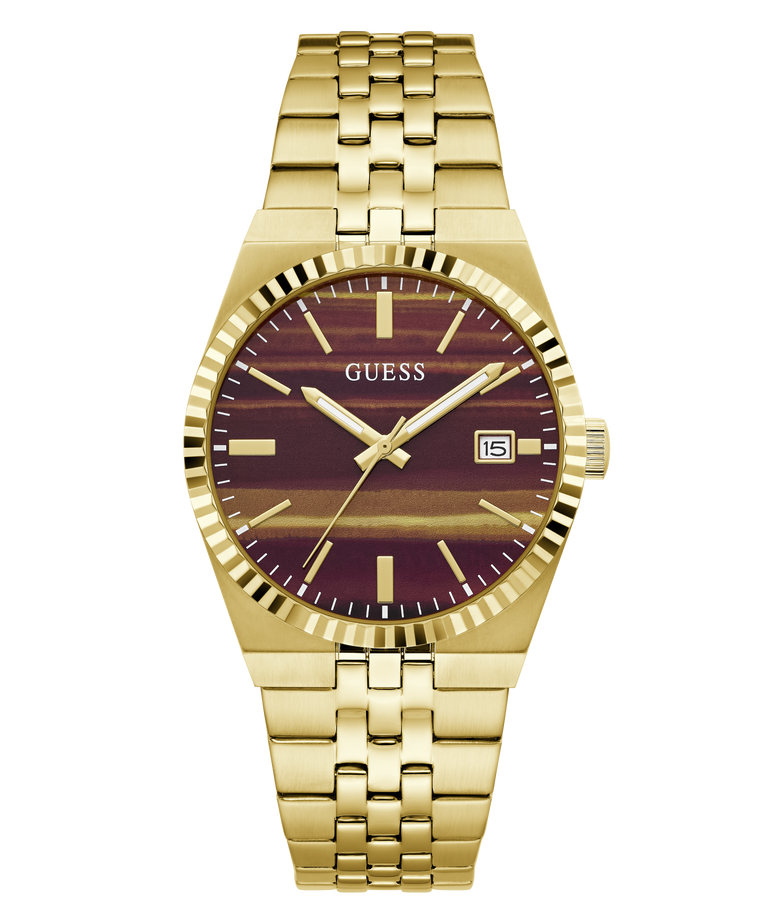 A gold-tone stainless steel wrist watch with a maroon and gold striped dial, gold-tone bezel, and matching gold-tone link bracelet, shown against a plain white background.