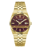 A gold-tone stainless steel wrist watch with a maroon and gold striped dial, gold-tone bezel, and matching gold-tone link bracelet, shown against a plain white background.