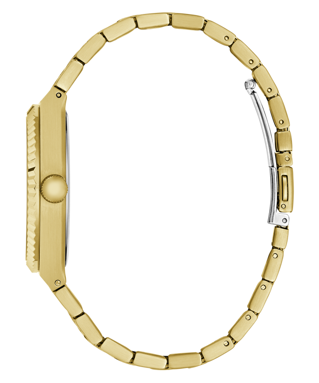 A close-up side view of a gold-tone watch with a matching metal link bracelet, showing the case, crown, and clasp on a plain white background.