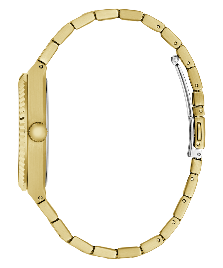 A close-up side view of a gold-tone watch with a matching metal link bracelet, showing the case, crown, and clasp on a plain white background.
