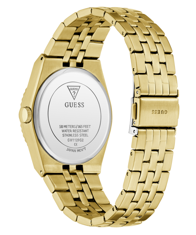 Gold-tone stainless steel watch shown from the back, featuring a matching metal link bracelet, a silver-toned circular case back with GUESS branding, and a GUESS logo engraved on the clasp.