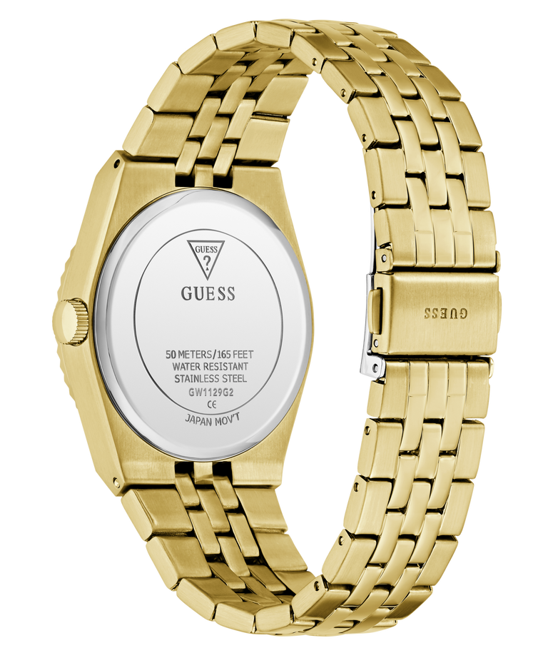 Gold-tone stainless steel watch shown from the back, featuring a matching metal link bracelet, a silver-toned circular case back with GUESS branding, and a GUESS logo engraved on the clasp.