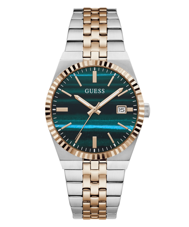 A Guess women's watch featuring a two-tone silver and rose gold metal bracelet, a fluted bezel, and a dark teal-green dial with gold-tone indices and hands.
