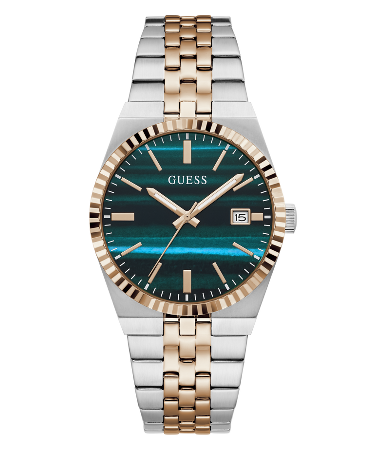 A Guess women's watch featuring a two-tone silver and rose gold metal bracelet, a fluted bezel, and a dark teal-green dial with gold-tone indices and hands.