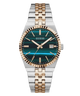 A Guess women's watch featuring a two-tone silver and rose gold metal bracelet, a fluted bezel, and a dark teal-green dial with gold-tone indices and hands.
