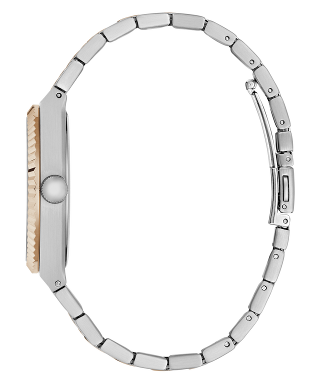 A close-up side profile of a silver-toned metal link bracelet watch with a two-tone beige and silver case, set against a plain white background.