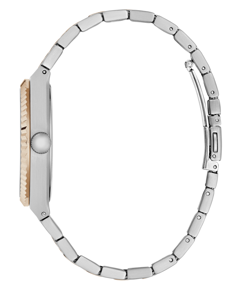 A close-up side profile of a silver-toned metal link bracelet watch with a two-tone beige and silver case, set against a plain white background.