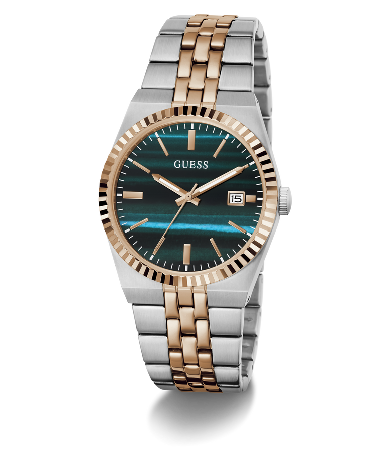 A Guess men's two-tone stainless steel and rose gold watch with a dark green tiger-stripe dial and a fluted bezel, shown on a white background with a soft shadow.