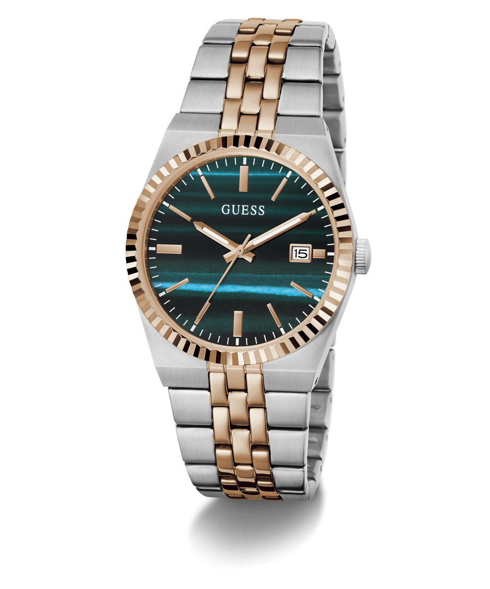 A Guess men's two-tone stainless steel and rose gold watch with a dark green tiger-stripe dial and a fluted bezel, shown on a white background with a soft shadow.