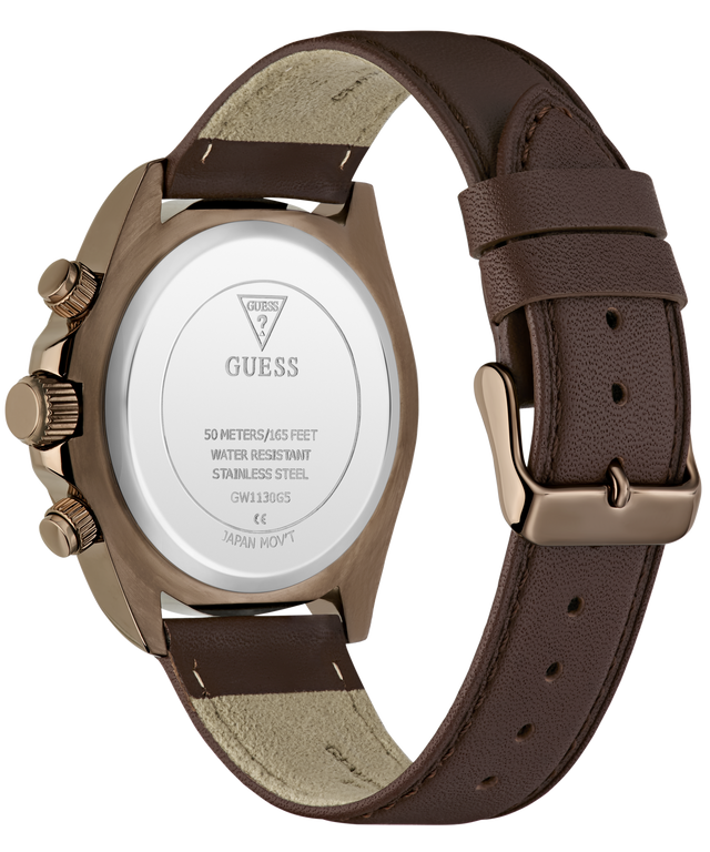 Back view of a GUESS watch with a bronze-toned case and a dark brown leather strap, showing the water-resistant stainless steel case back and buckle.