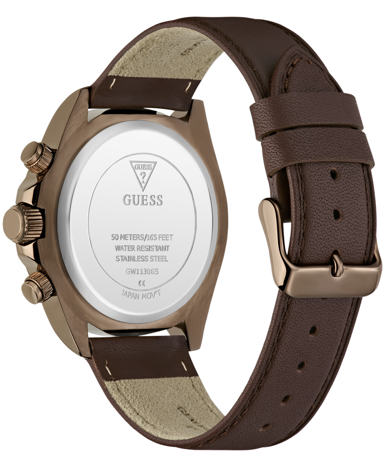 Back view of a GUESS watch with a bronze-toned case and a dark brown leather strap, showing the water-resistant stainless steel case back and buckle.