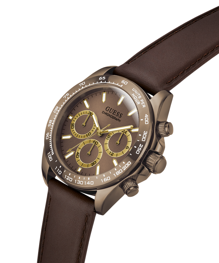 A Guess Chronograph watch with a dark brown dial, brown leather strap, and a bronze-toned case with gold-tone accents on the subdials and hands. lifestyle