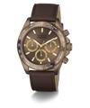 A Guess chronograph watch with a bronze-toned case, brown dial, three gold subdials, and a brown leather strap, shown on a clean white background.