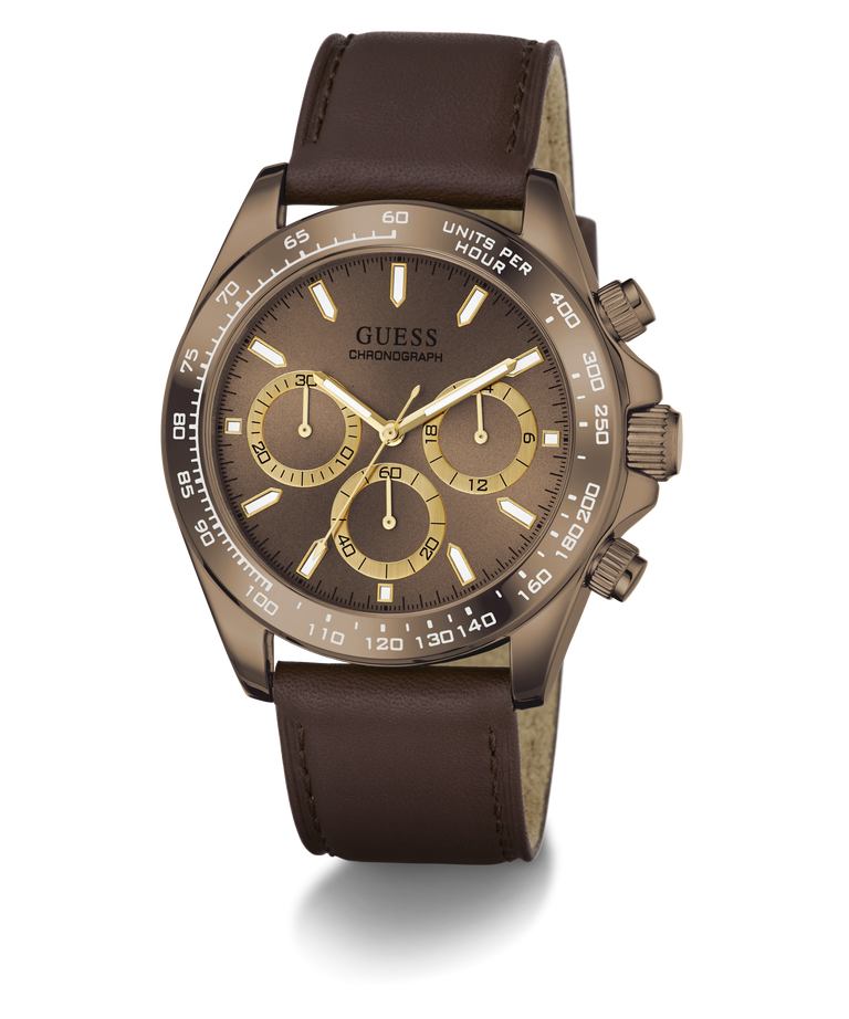 A Guess chronograph watch with a bronze-toned case, brown dial, three gold subdials, and a brown leather strap, shown on a clean white background.