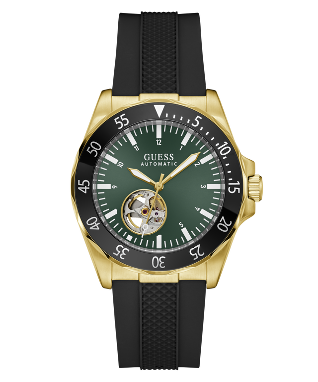 A Guess Automatic watch with a gold-tone case, dark green dial, black bezel, and black textured strap, shown against a plain white background.