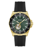 A Guess Automatic watch with a gold-tone case, dark green dial, black bezel, and black textured strap, shown against a plain white background.