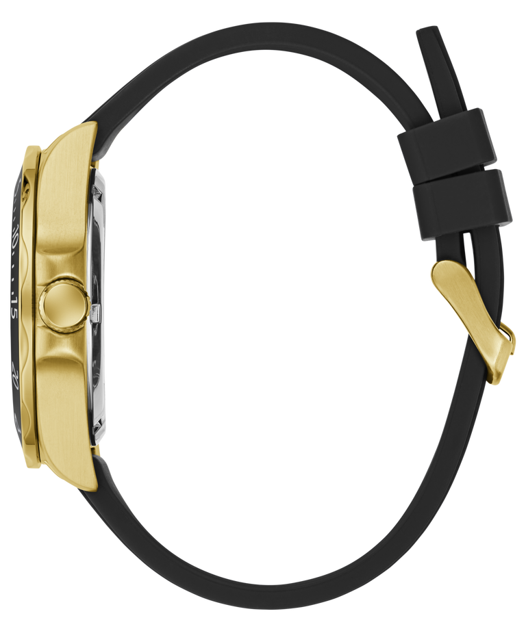 A side profile view of a smartwatch with a brushed gold case, a black silicone strap, and a gold magnetic clasp, shown on a solid white background.