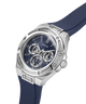 A Guess men's watch featuring a silver stainless steel case, a blue dial with three sub-dials, and a dark blue silicone strap, shown on a clean white background. lifestyle