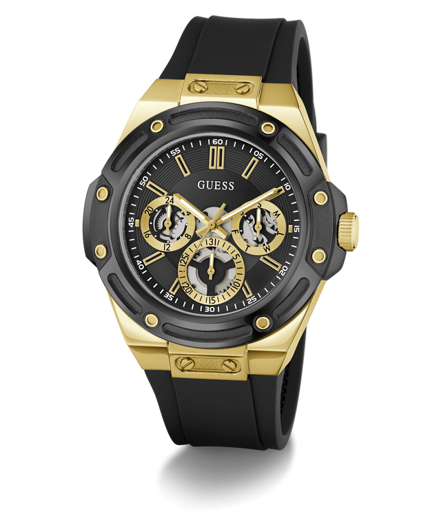 A GUESS men's chronograph watch featuring a black case, black dial, and black rubber strap, accented with gold-tone bezel, lugs, hands, indices, and crown.