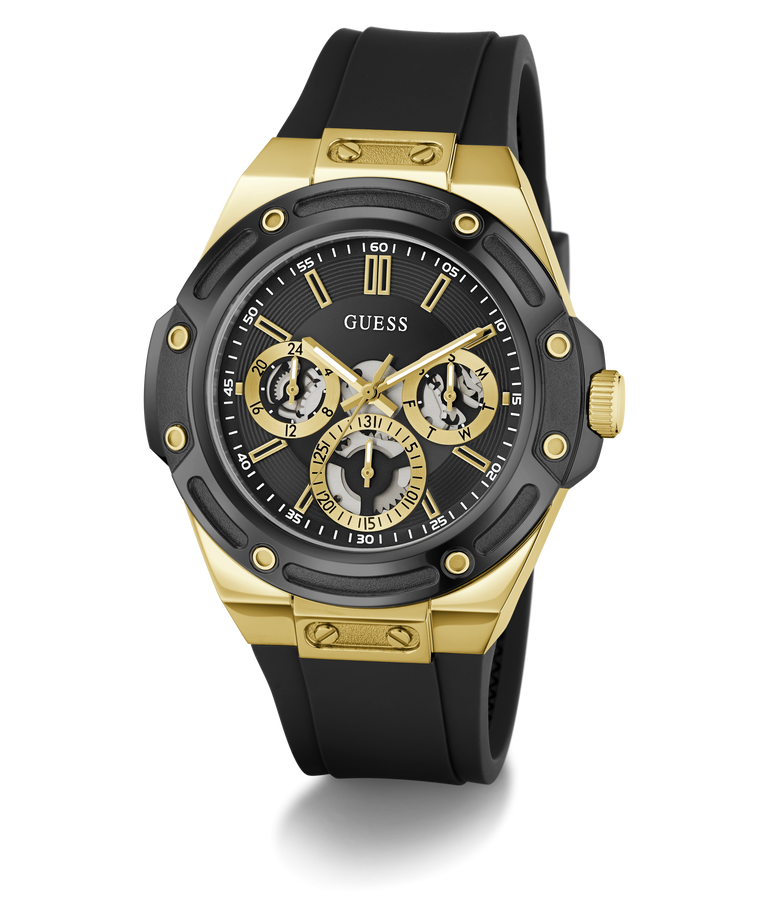 A GUESS men's chronograph watch featuring a black case, black dial, and black rubber strap, accented with gold-tone bezel, lugs, hands, indices, and crown.