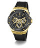 A GUESS men's chronograph watch featuring a black case, black dial, and black rubber strap, accented with gold-tone bezel, lugs, hands, indices, and crown.