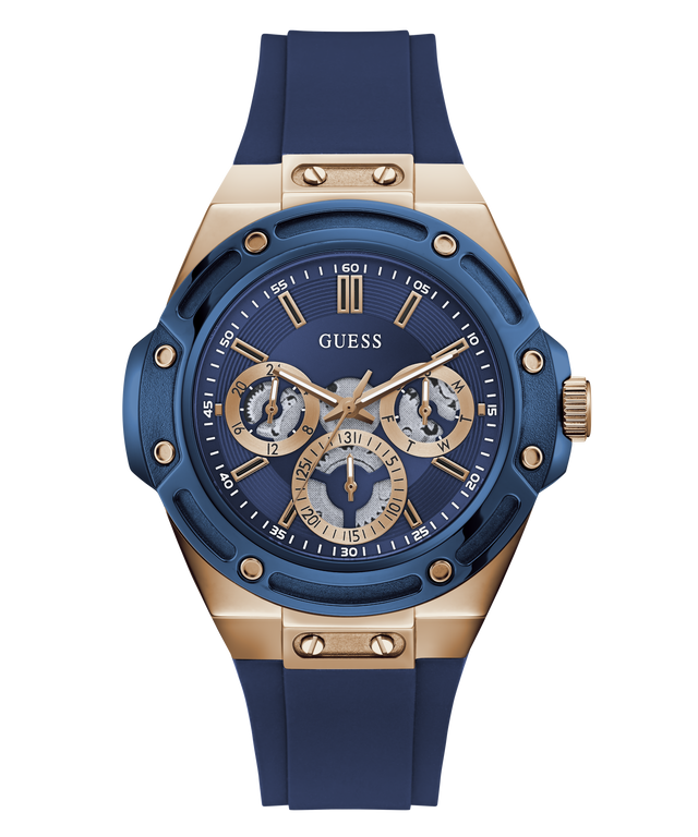 A Guess men's watch featuring a blue silicone strap, a blue dial with gold-tone subdials and hands, and a gold-tone case accented with screws.