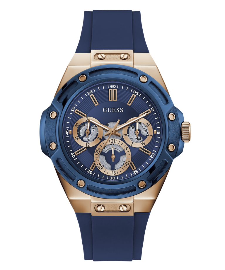 A Guess men's watch featuring a blue silicone strap, a blue dial with gold-tone subdials and hands, and a gold-tone case accented with screws.