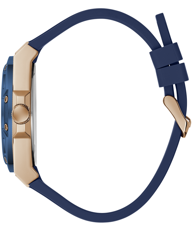 A close-up side profile of a watch with a navy blue strap and a gold-toned case, set against a solid white background.