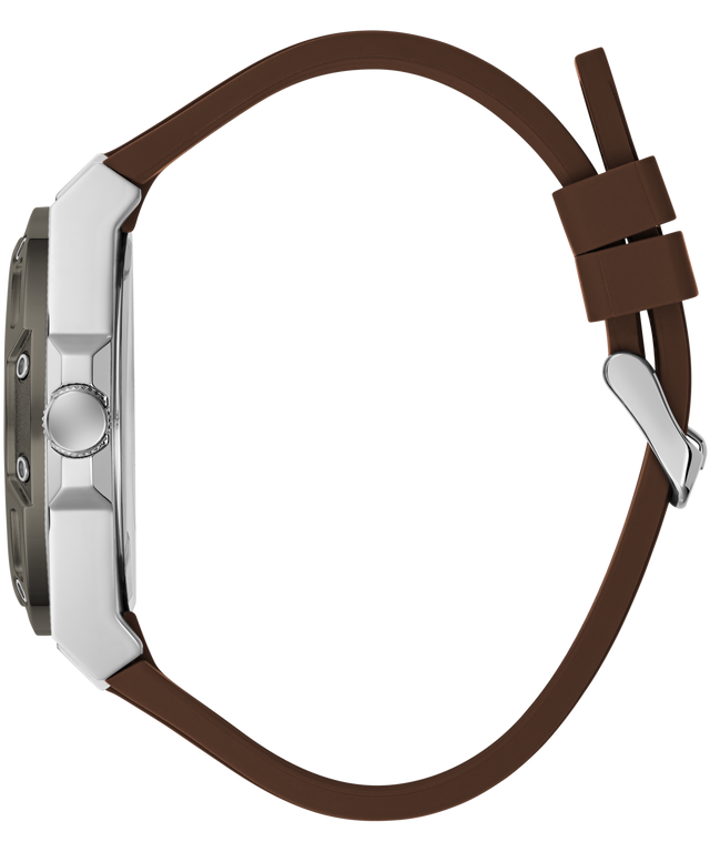A close-up side profile of a smartwatch with a brown silicone strap and a silver-toned metal case on a plain white background.