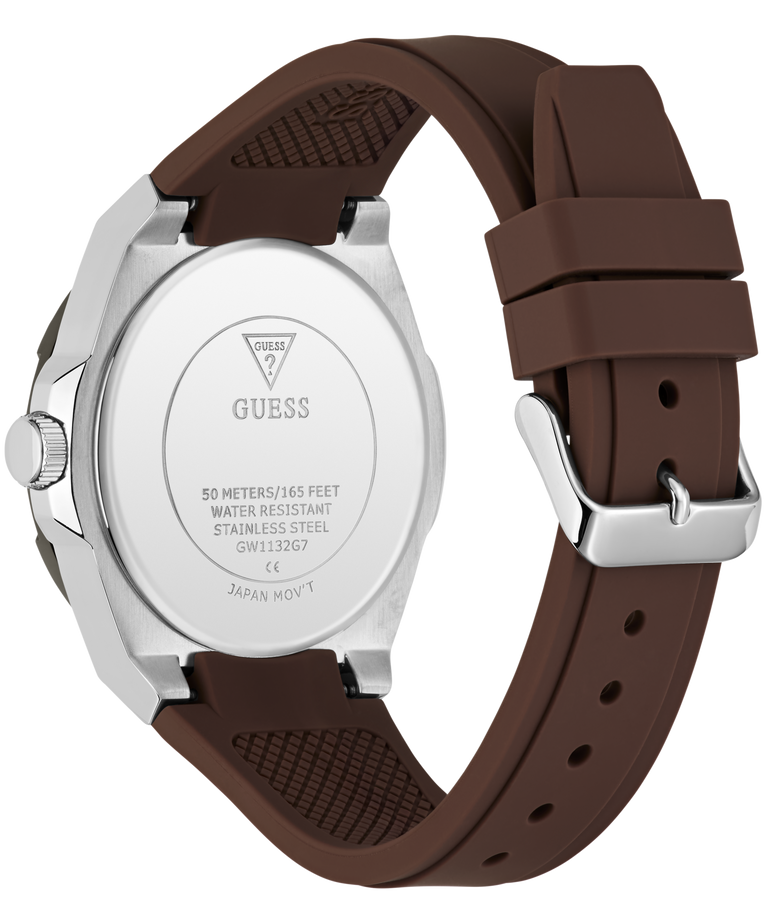 A close-up of a wristwatch shown from the back, featuring a silver stainless steel case and a dark brown silicone strap with a silver buckle.