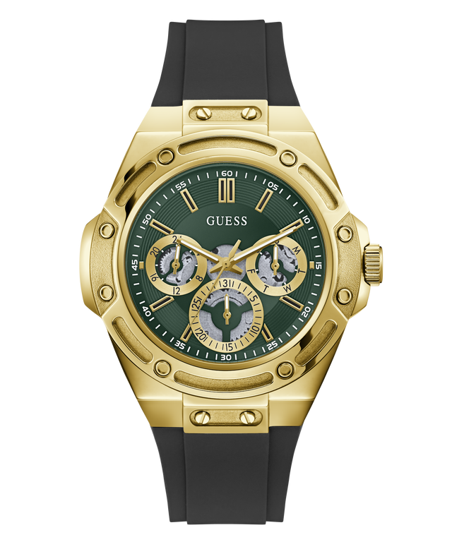 A gold-tone Guess wristwatch with a dark green dial, gold subdials, and a black silicone strap, shown against a plain white background.