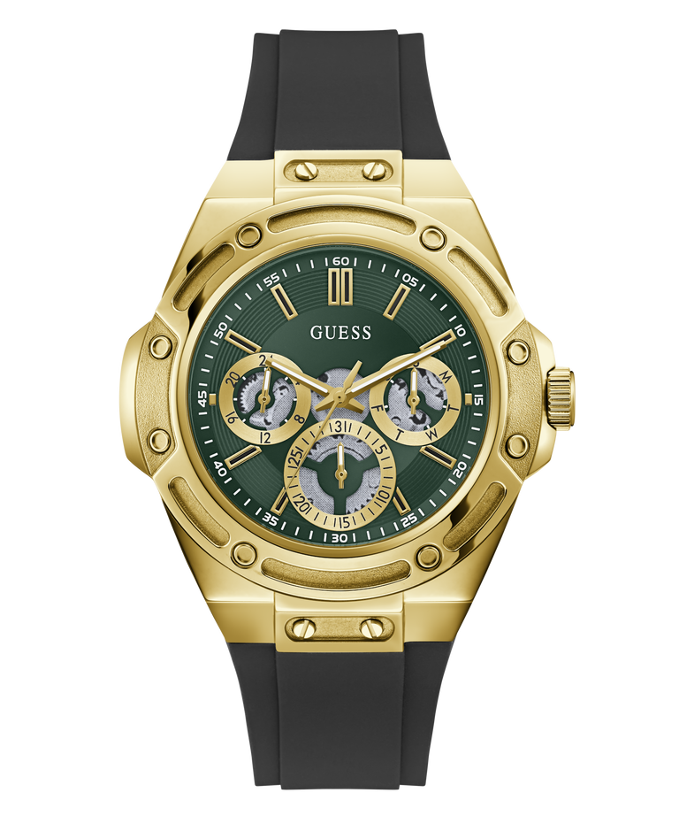 A gold-tone Guess wristwatch with a dark green dial, gold subdials, and a black silicone strap, shown against a plain white background.