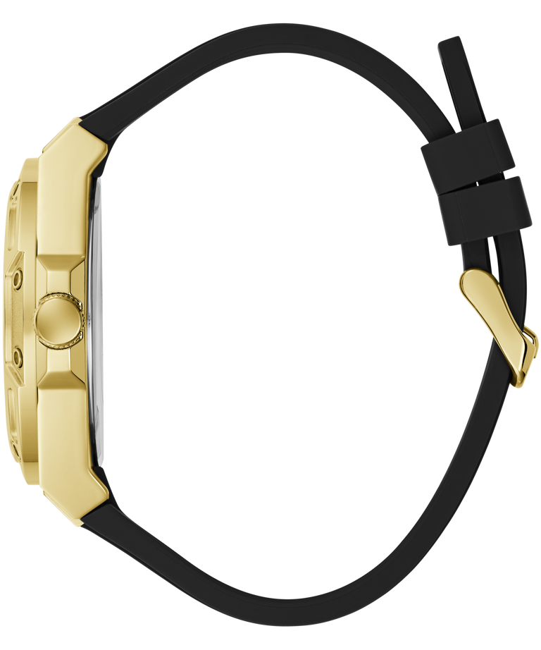 A side profile view of a gold-tone watch with a black silicone strap on a solid white background.