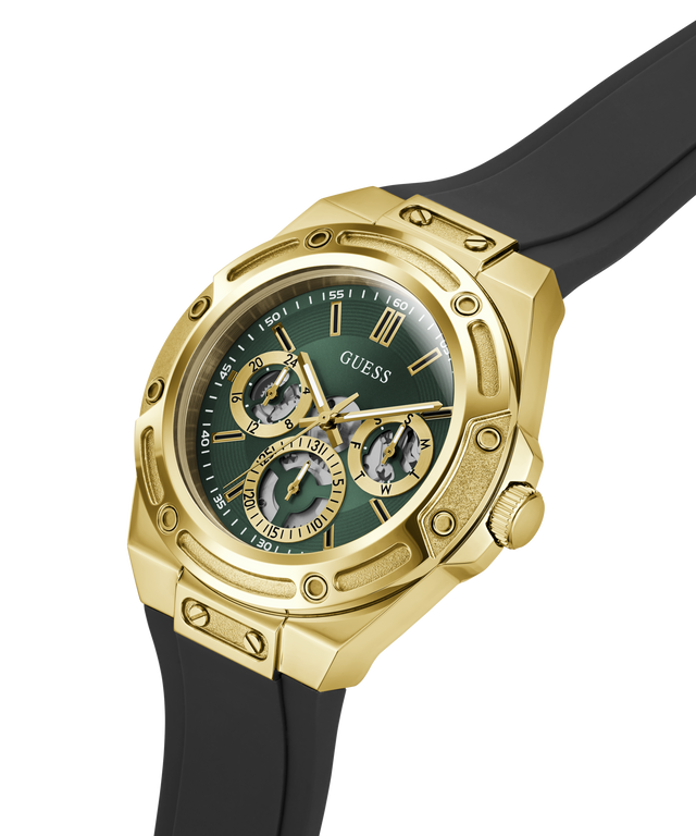 A gold-tone Guess wristwatch with a dark green dial, featuring three subdials and a black rubber strap, shown on a clean white background. lifestyle