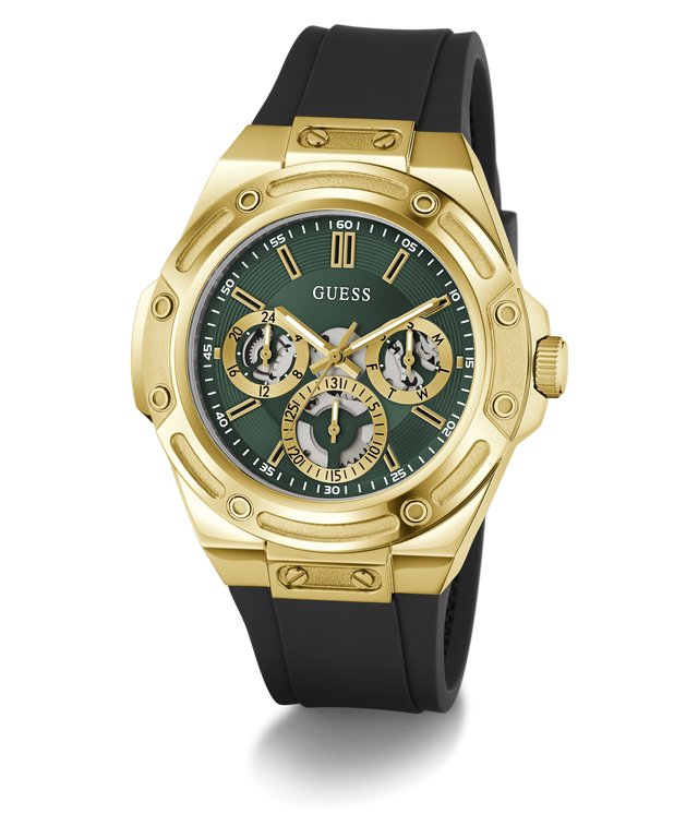 A GUESS men's watch featuring a gold-tone case, a dark green dial with three subdials, and a black silicone strap, shown on a clean white background.