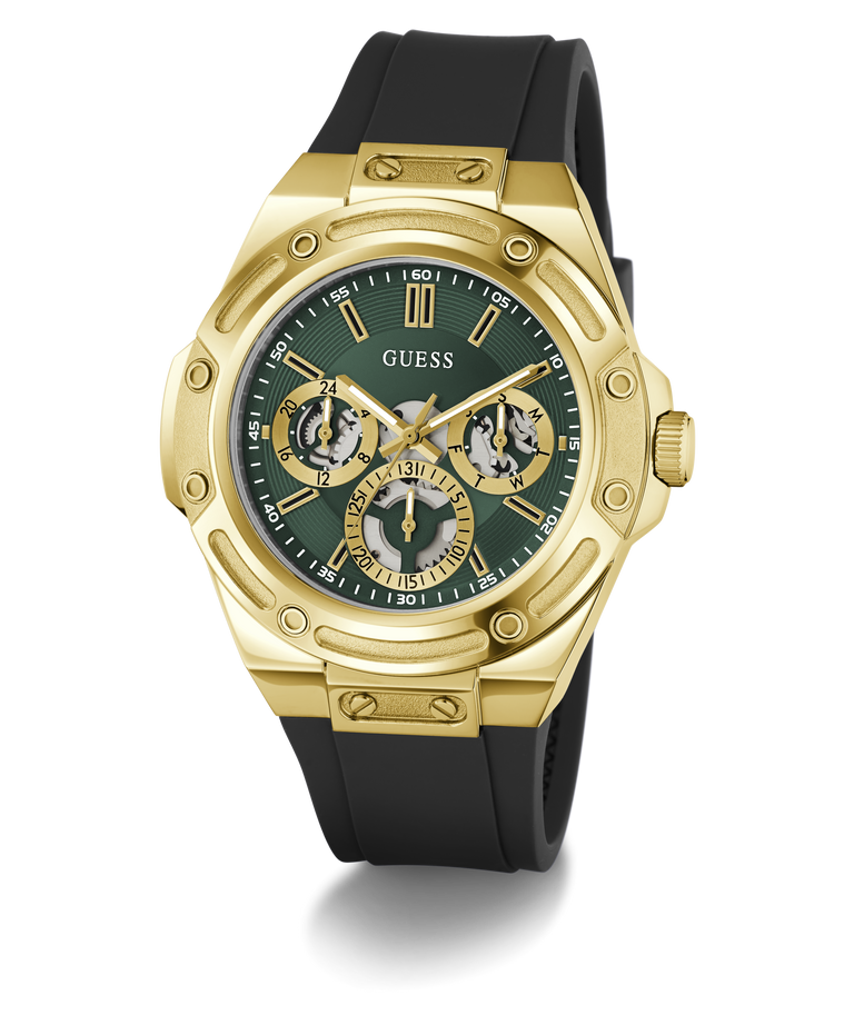 A GUESS men's watch featuring a gold-tone case, a dark green dial with three subdials, and a black silicone strap, shown on a clean white background.